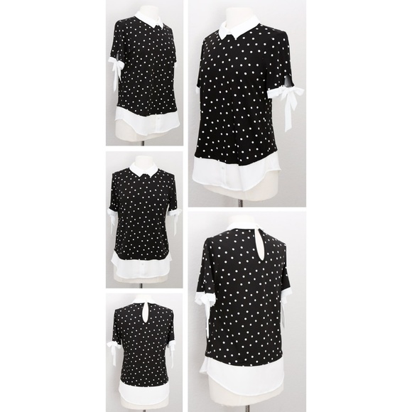 Polka Dots Peterpan Collar Bow Cuffs Layered Top - Picture 3 of 8